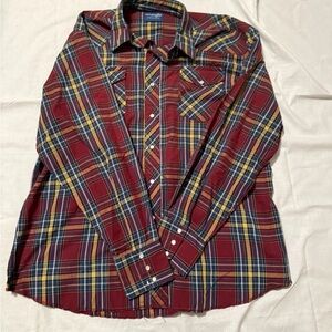 Vintage Wrangler Men's Pearl Snap Plaid Shirt - Red, Yellow, and Blue